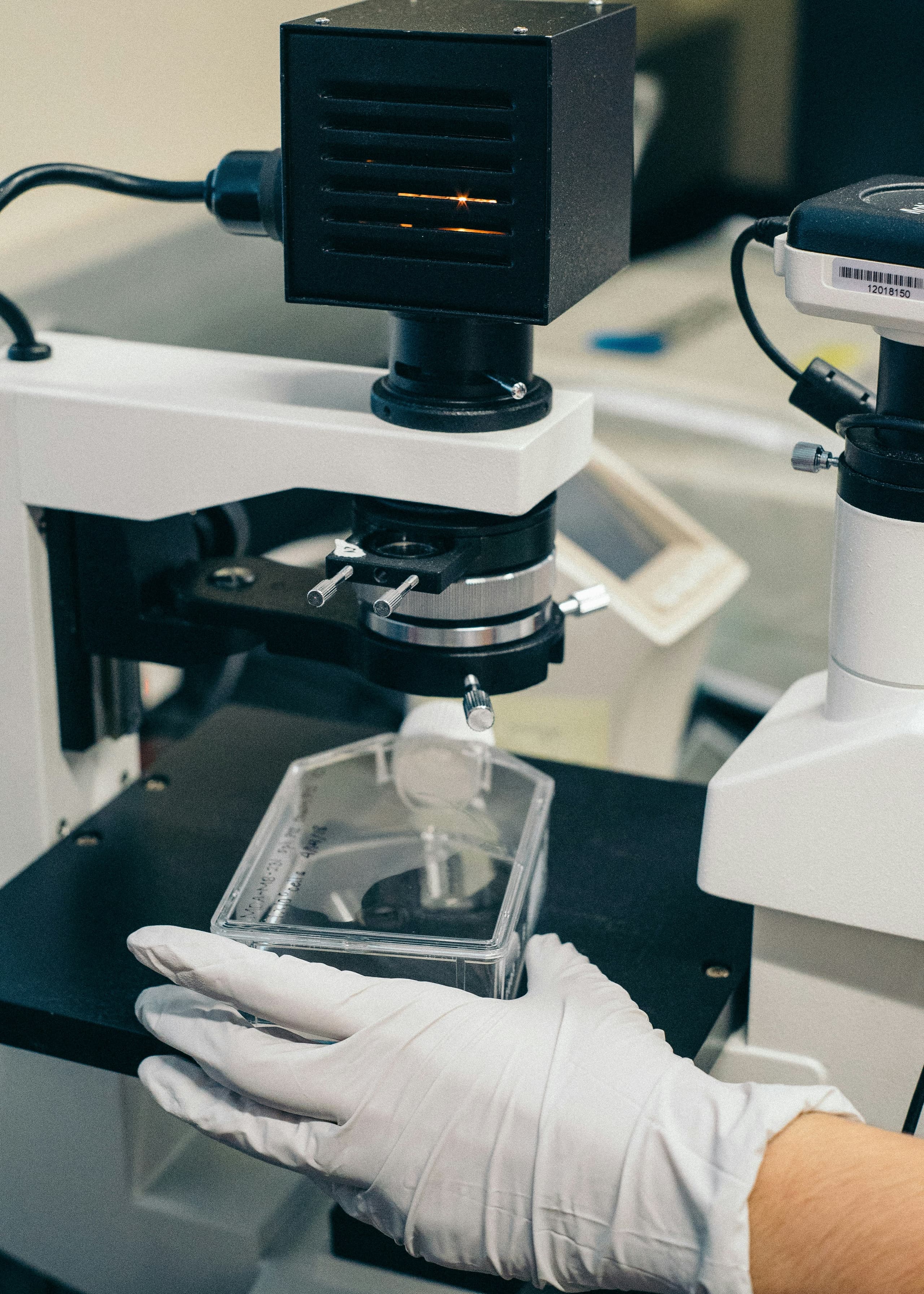 Técnica de laboratorio con guantes junto a un microscopio
